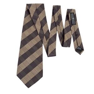 Audrey Buckner Silk Geometric Striped Necktie Gray Gold Red Tailored